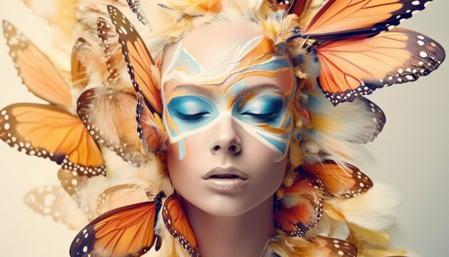 Butterflies instead of hair. On the face. Abstract portrait of woman. Beautiful illustration picture. Generative AI