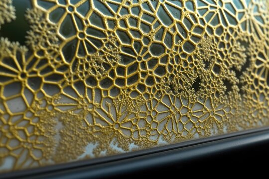 Macro Shot Of Intricate Patterns Formed By Pollen On Car Window, Created With Generative Ai