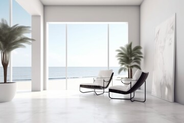 chair interior wall window floor design plant home empty vase indoor. Generative AI.