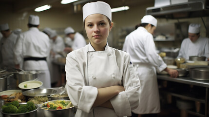 Obraz na płótnie Canvas A young female chef wearing a classic chef's coat, standing in a bustling kitchen - generative AI, AI generated