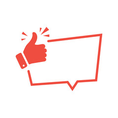 Thumb up with speech bubble icon. Flat vector illustration on red background.