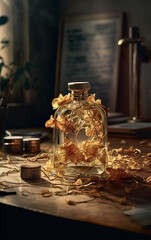 Fototapeta na wymiar Perfume bottles and dry leaves,created with generative ai tecnolog