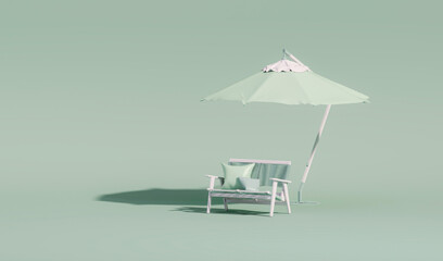Beach umbrella with chairs and beach accessories, inflatable  flamingo on pastel green background. Summer vacation travel concept. Trendy 3d render for social media banners, promotion. summer vibe