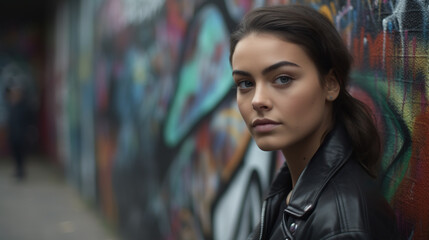 Naklejka premium A fashionable young woman posing in front of a street art mural - generative AI, AI generated