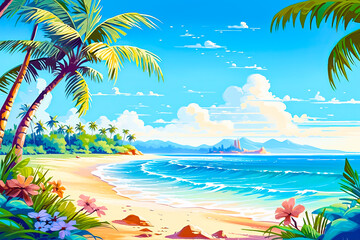 Sunny tropical beach with palms and flowers. Generative AI