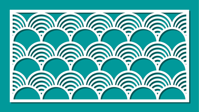 Horizontal rectangular panel. Decorative lattice, design element, decoration with a geometric semicircular pattern. Template for plotter laser cutting of paper, carving, cnc. Vector illustration.