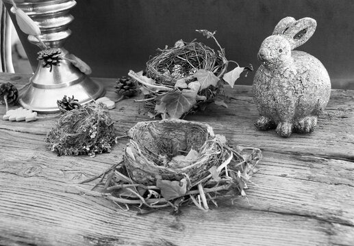 Decoration with bird nests , dried flowers, and a rabbit on an old wooden table.