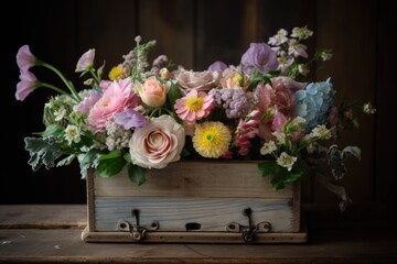 pastel flower arrangement in rustic wooden vase, created with generative ai