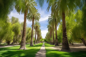 palm tree park with lush greenery and blue sky overhead, created with generative ai