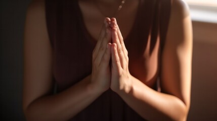 Woman hands together symbolizing prayer and gratitude. Generative AI.