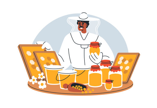 Beekeeper selling honey, organic bee food products at local farm market stall. Merchant with honeycomb, healthy ambrosia behind counter. Flat vector illustration isolated on white background