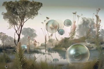 dreamy landscape, with surrealistic plants and floating orbs, created with generative ai