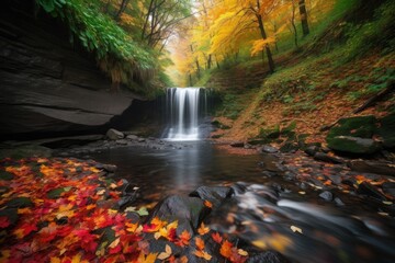 waterfall surrounded by autumn foliage, with colorful leaves in the mix, created with generative ai