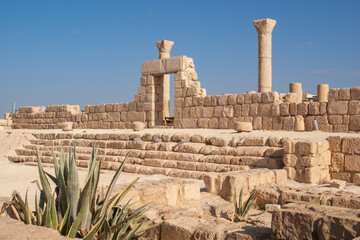 Jordan. Madaba, famous Mount Nebo or Mount Moses. Ruins of monastic buildings. Destroyed of wall...