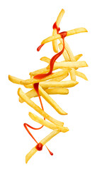 Flying french fries with ketchup splash - obrazy, fototapety, plakaty