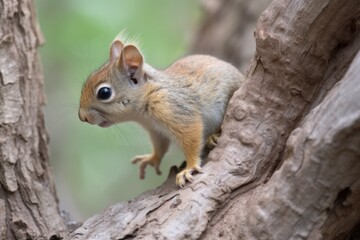 Naklejka na ściany i meble baby squirrel climbing tree trunk, its bushy tail visible, created with generative ai