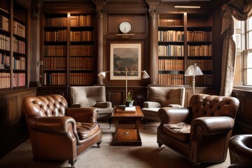 wood-paneled library, filled with books and stately leather armchairs, created with generative ai