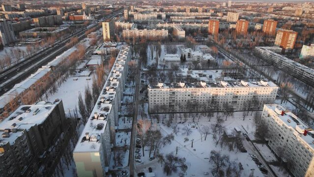 Aerial view. Winter panorama of the city of Tolyatti in the Samara region. Snow-covered streets of a provincial and industrial Russian city.