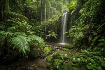 cascading waterfall amidst lush jungle foliage, created with generative ai