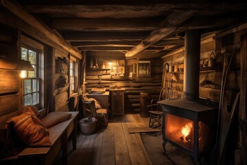 cozy cabin retreats with a crackling fire and lantern lights, created with generative ai