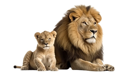 Fototapeta na wymiar Big lion and little cute lion cub, cut out. Based on Generative AI
