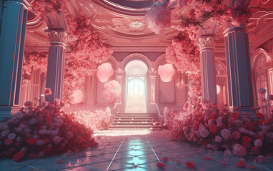 Dream Palace Surrounded by Pink Flowers,created with generative ai tecnology. - obrazy, fototapety, plakaty