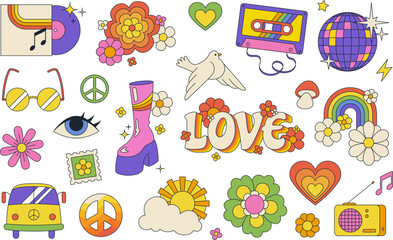 Retro 70s style aesthetic elements, disco platform shoes, vinyl and peace sign. Trendy vintage hippie stickers, white dove, daisy flowers and disco ball, cartoon groovy design element vector set