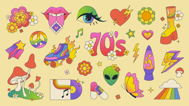 Trendy hippie stickers, retro 70s disco fashion aesthetic elements, ufo and roller skates. Cartoon groovy design element, vintage vinyl record, rainbow peace sign, psychedelic mushroom vector set