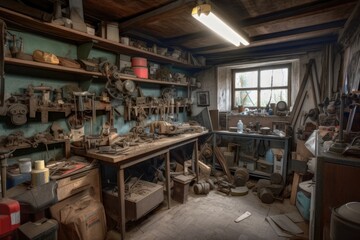 old garage, filled with tools and spare parts, ready for any repairs, created with generative ai