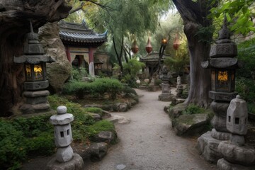 Obraz premium ancient rock garden, with stone pathways and lanterns, created with generative ai