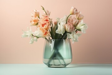 Fototapeta premium pastel floral arrangement in modern glass vase on pastel background, created with generative ai