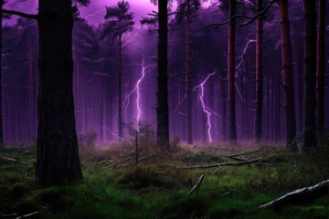 dark purple forest with flashes of lightning and roll of thunder, created with generative ai