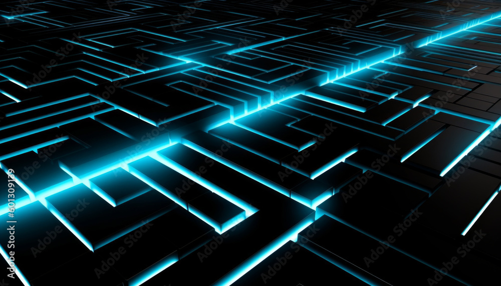 Wall mural a dark, black pattern is illuminated by streaks of blue neon, creating a captivating display that re