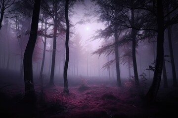 Fototapeta na wymiar dark purple forest with foggy mist and glowing moonlight, created with generative ai