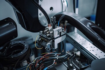 Fototapeta premium close-up of industrial robot arm being serviced, with wires and cables visible, created with generative ai