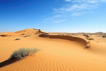 Fototapeta na wymiar desert with towering sand dunes and clear blue sky, created with generative ai