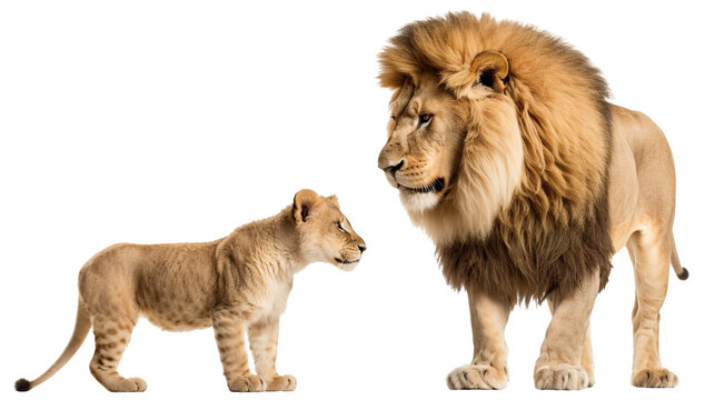 Big lion and little cute lion cub, cut out. Based on Generative AI