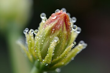 close-up of budding flower, with dewdrop on its petals, created with generative ai
