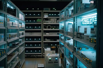 iot sensor monitoring equipment, with various sensors and data analytics tools visible on the shelves, created with generative ai