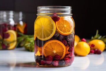 decorated glass jar filled with fruit-infused water, ready to be served, created with generative ai