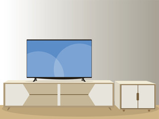 Vector illustration of modern interior tv cabinet design. Minimalist. Shelf tv in modern empty room, minimal design.