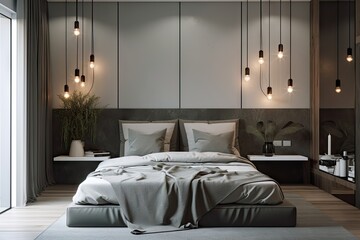 a sleek and modern bedroom, with a minimalist aesthetic, featuring minimalist lighting fixtures and lamps, created with generative ai