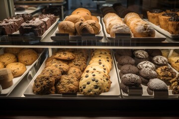 gluten-free and vegan muffins, cupcakes, and cookies displayed in bakery case, created with generative ai