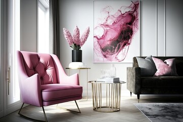 a pink armchair in a modern living room, next to an abstract painting and a glass coffee table, created with generative ai