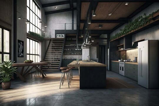 industrial home with concrete floors, steel beams, and unfinished wood accents, created with generative ai