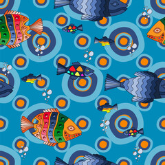 Seamless pattern with exotic fish and bubbles on blue background. Summer marine theme.