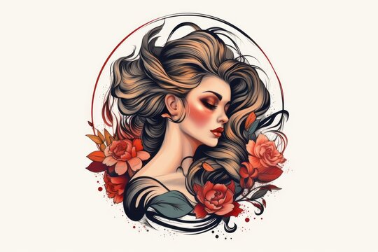 Oil style painting tattoo salon logo with woman portrait. Beautiful illustration picture. Generative AI