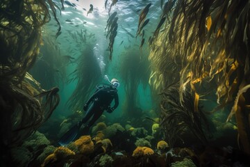 Fototapeta na wymiar diver swimming through vibrant kelp forest, surrounded by schools of fish, created with generative ai