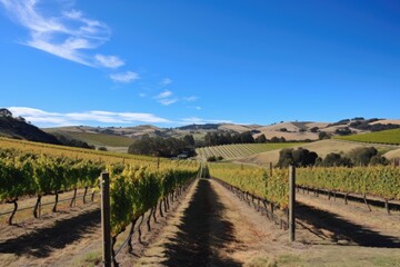 Fototapeta na wymiar vineyard with rolling hills and clear blue sky in the background, created with generative ai