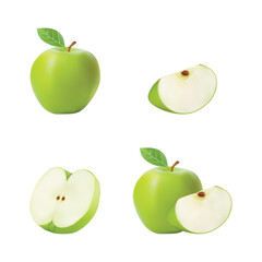 vector Apple green isolate. Apples on a white background. Whole, half, sliced ​​green apples